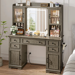 Snhomee Farmhouse Makeup Vanity Desk with LED Mirror & RGB Cabinets – Storaging with Drawers & Shelves, Ideal for Organizing Seasonal Skincare in Bedroom or Dressing Room