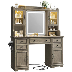 Snhomee Farmhouse Makeup Vanity Desk with LED Mirror & RGB Cabinets – Storaging with Drawers & Shelves, Ideal for Organizing Seasonal Skincare in Bedroom or Dressing Room