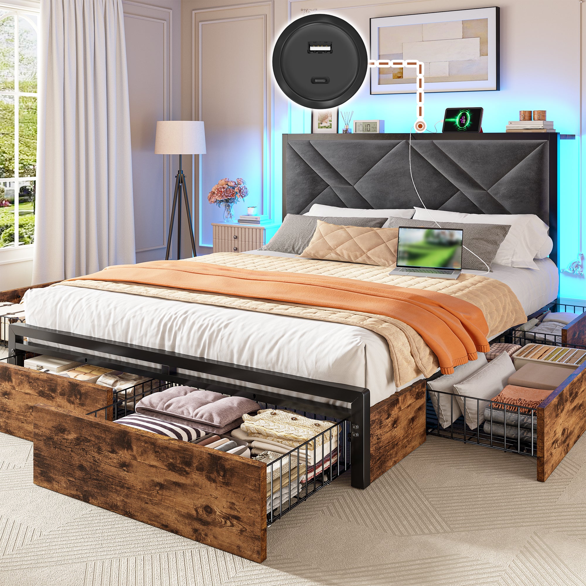 Bed Frame with Bed Frame with  and 6 Storage Drawers, Bed Frame with Upholstered Headboard Built in Charging Station,Noise-Free,Easy Assembly