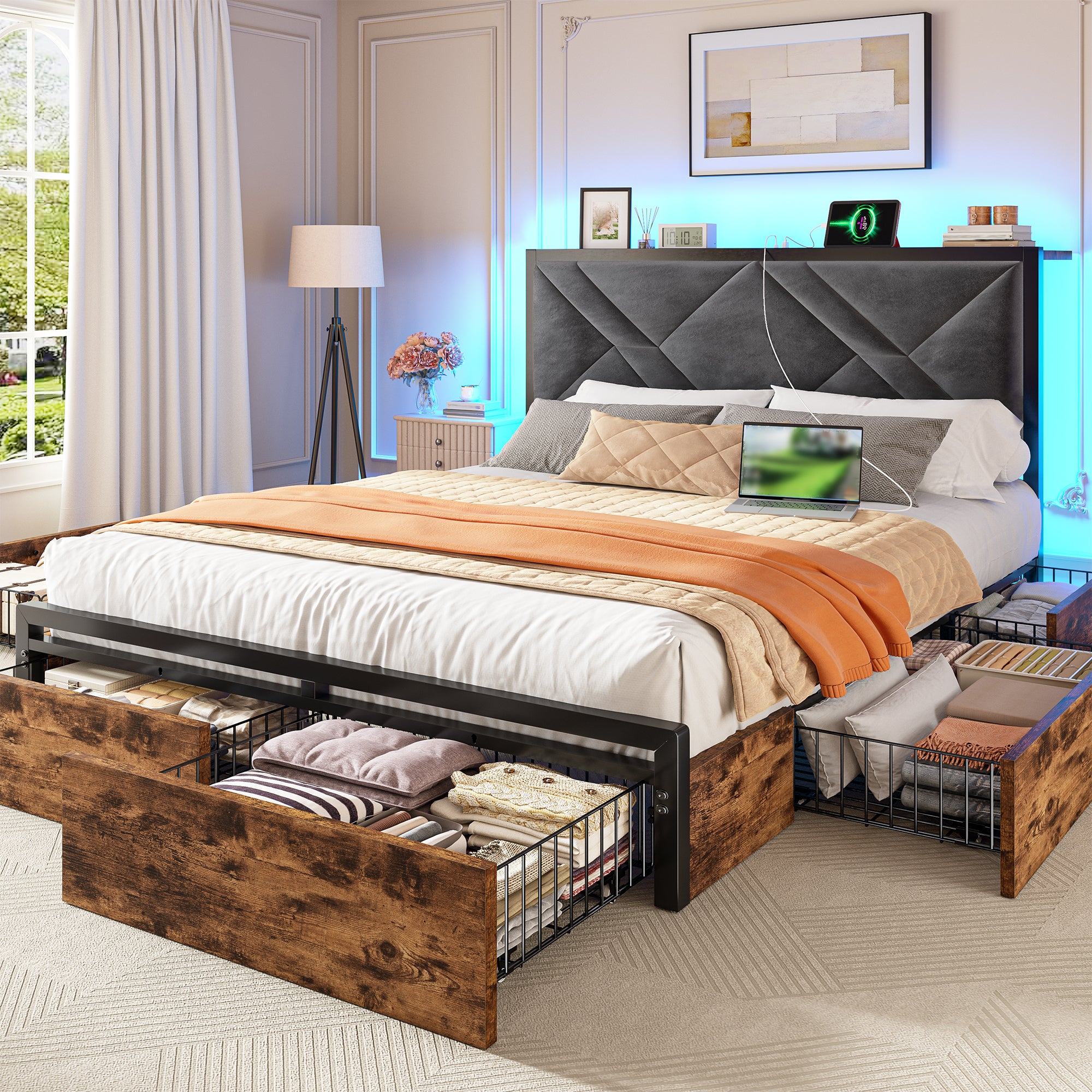 Bed Frame with Bed Frame with  and 6 Storage Drawers, Bed Frame with Upholstered Headboard Built in Charging Station,Noise-Free,Easy Assembly
