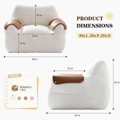 Snhomee Large Fluffy Bean Bag Chair for Adults, Striped Corduroy Bean Bag Sofa with PU Leather Armrest, Comfy Lounge Couch for Bedroom & Dorm