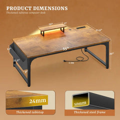 Snhomee 55"W Heavy Duty Computer Desk with 24mm Thick Desktop, Monitor Stand, Power Outlets & LED Lights, Writing Desk for Home Office, Study and Gaming