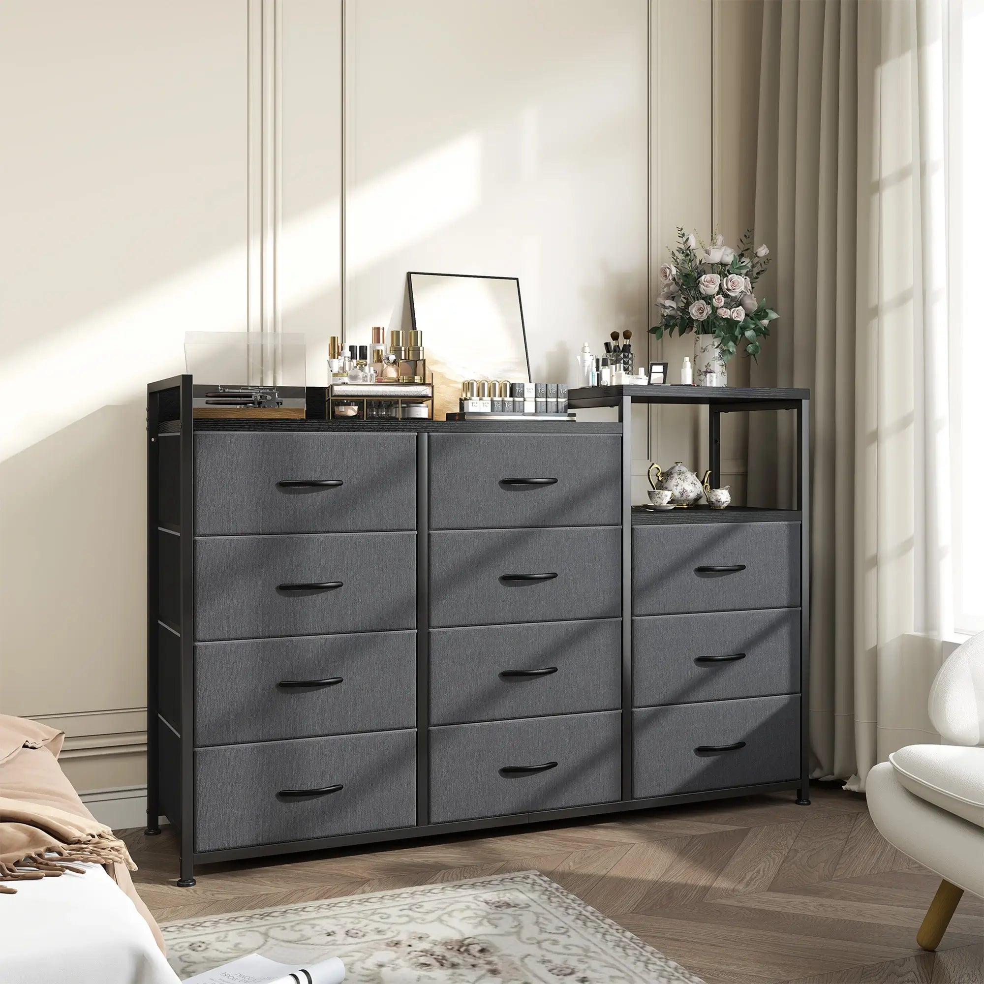 The large bedroom dresser with shelves provides generous storage while adding a clean, functional look to modern bedrooms.