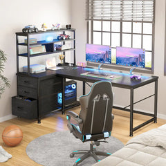 Snhomee L-Shaped Computer Desk with Drawers, 3-Tier Storage Shelves, LED & Charging Station, Reversible Corner Gaming Desk for Home Office