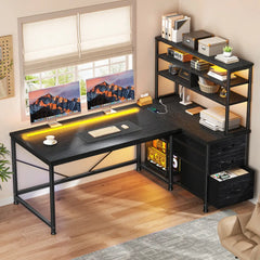 Snhomee L-Shaped Computer Desk with Drawers, 3-Tier Storage Shelves, LED & Charging Station, Reversible Corner Gaming Desk for Home Office