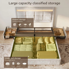 Snhomee Lift Up Hydraulic Storage Bed, Velvet Bed Frame with LED Lights & 2 Drawers, Noise-Free, No Box Spring Needed, Easy Assembly