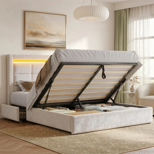 Snhomee Lift Up Hydraulic Storage Bed, Velvet Bed Frame with LED Lights & 2 Drawers, Noise-Free, No Box Spring Needed, Easy Assembly 800