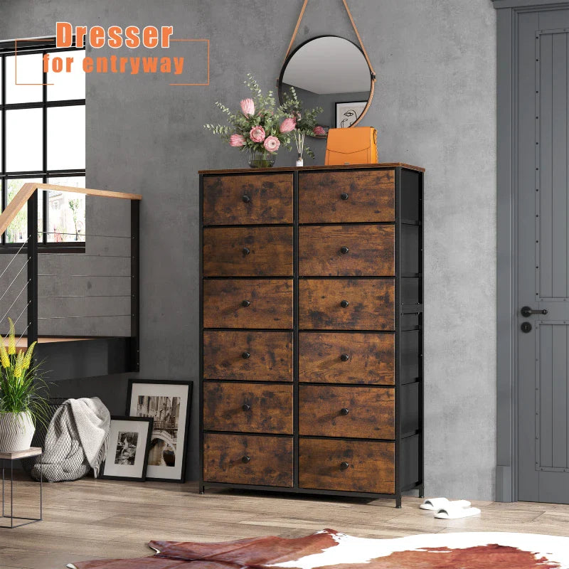 Tall Dresser for Bedroom with 12 Drawers, Wooden Top and Metal Frame, Fabric Bedroom Dressers & Chests of Drawers, Rustic Brown-Furniture > Dresser-snhomee
