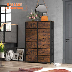 Tall Dresser for Bedroom with 12 Drawers, Wooden Top and Metal Frame, Fabric Bedroom Dressers & Chests of Drawers, Rustic Brown-Furniture > Dresser-snhomee