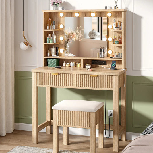 Snhomee Makeup Vanity Desk with Lighted Mirror & Charging Station, Fluted Modern Vanity with Drawers, Shelves & Storage Stool, Space-Saving for Bedroom 2000