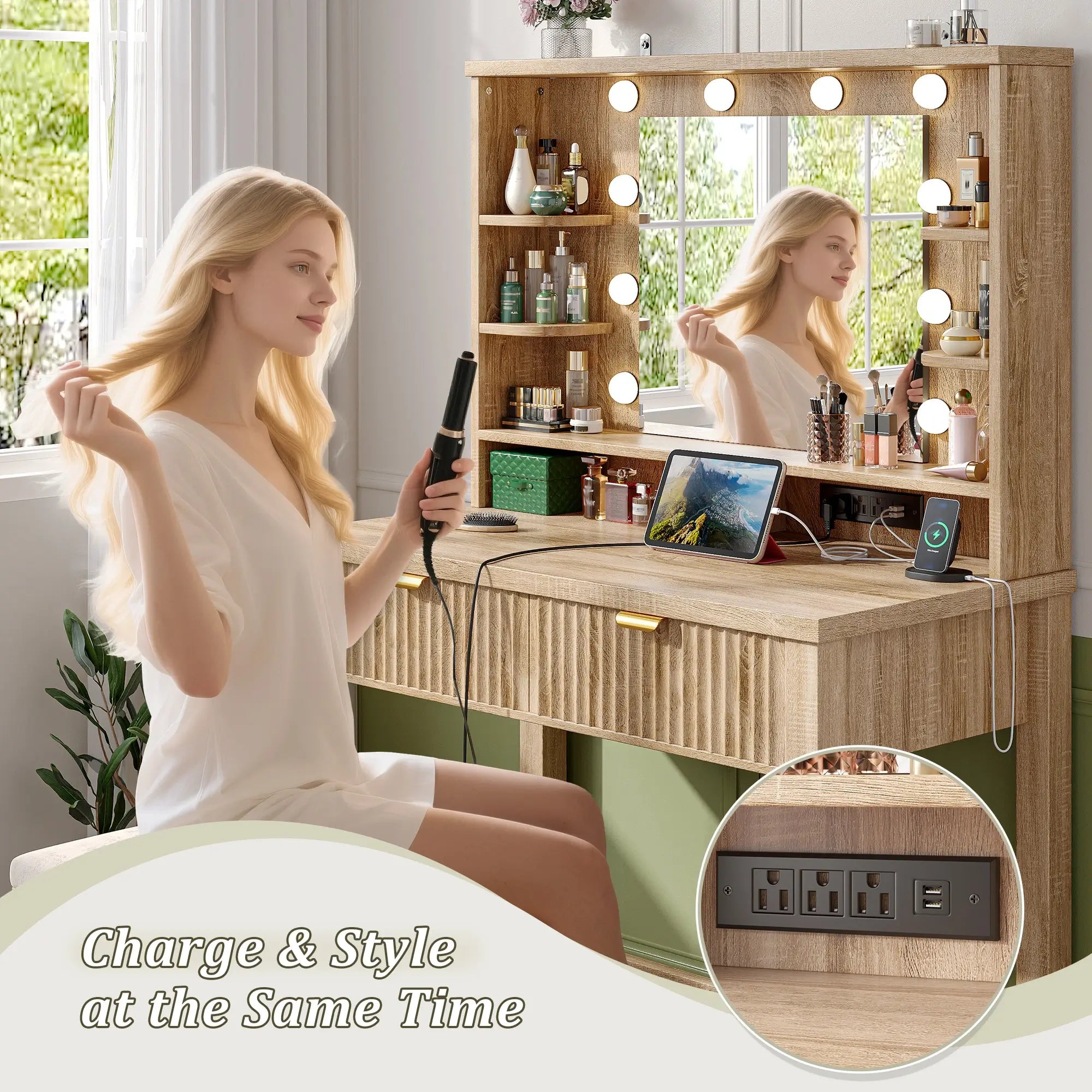Snhomee Makeup Vanity Desk with Lighted Mirror & Charging Station, Fluted Modern Vanity with Drawers, Shelves & Storage Stool, Space-Saving for Bedroom
