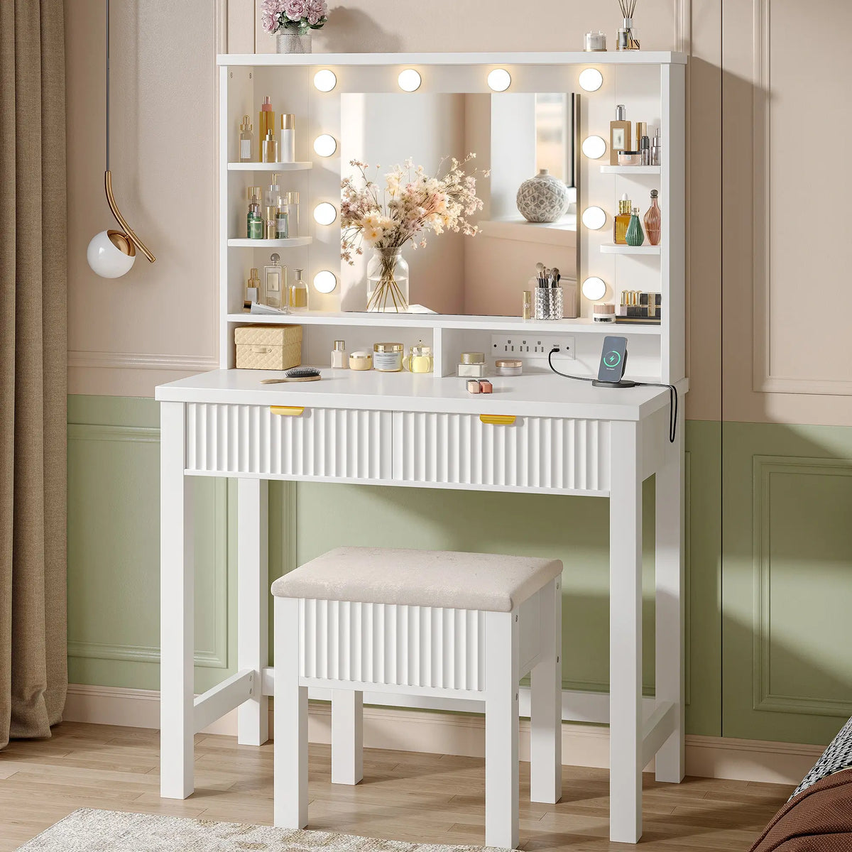 Snhomee Makeup Vanity Desk with Lighted Mirror & Charging Station, Fluted Modern Vanity with Drawers, Shelves & Storage Stool, Space-Saving for Bedroom