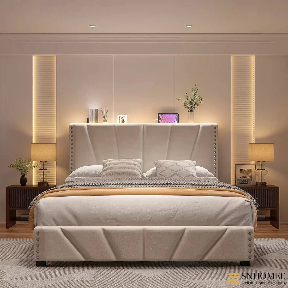 Metal Bed Frame with LED Lights & USB Charging Station Upholstered Bed Frame with Adjustable Headboard-Bed Frame-Full-Beige-snhomee