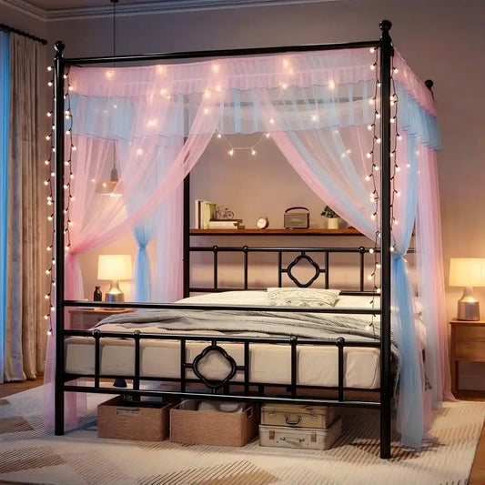 Snhomee Metal Bed Frame with Storage Headboard, Dual Purpose Bed Frame with 4 Removable Posts, 880 Lbs Canopy Bed Frame & Quiet Support, No Box Spring Needed 1024