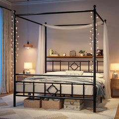 Snhomee Metal Bed Frame with Storage Headboard, Dual Purpose Bed Frame with 4 Removable Posts, 880 Lbs Canopy Bed Frame & Quiet Support, No Box Spring Needed