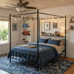 Snhomee Metal Bed Frame with Storage Headboard, Dual Purpose Bed Frame with 4 Removable Posts, 880 Lbs Canopy Bed Frame & Quiet Support, No Box Spring Needed