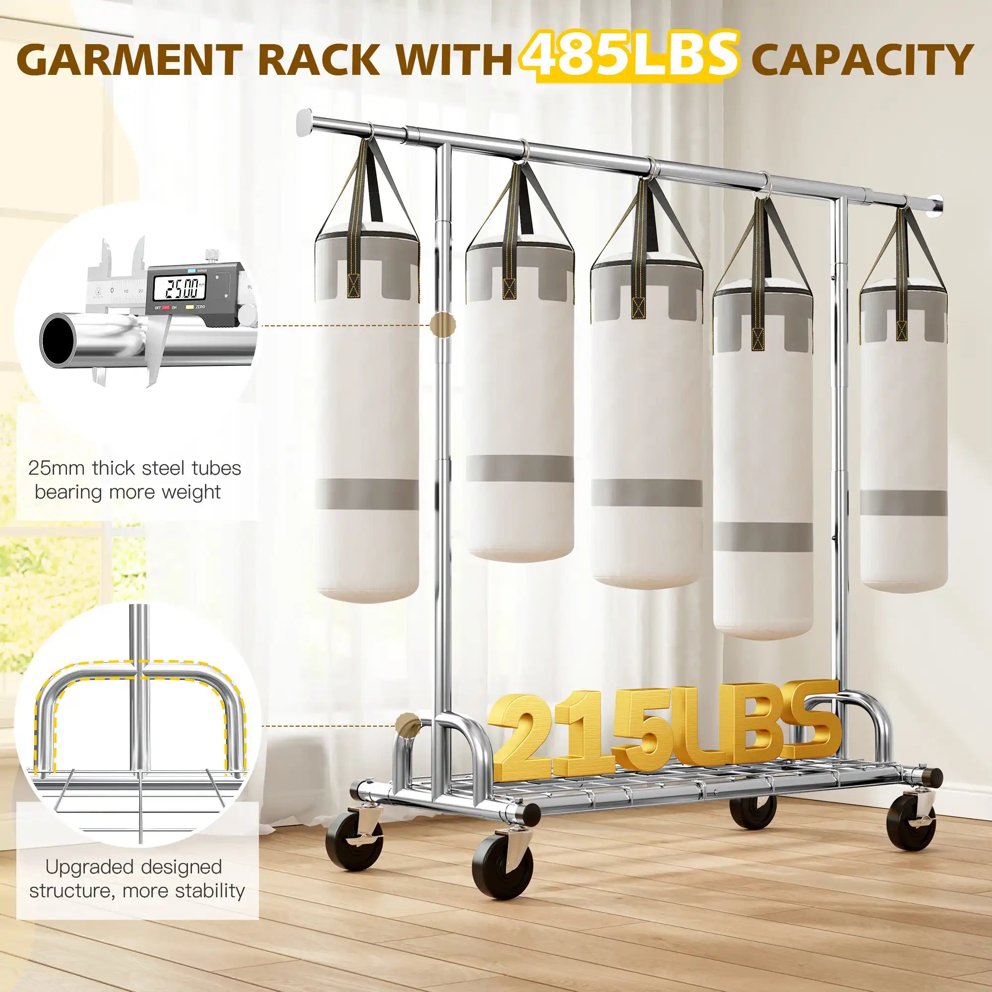 Snhomee 75"W 485LBS Clothes Rack, Metal Garment Rack With Wheels, Adjustable  Rolling Clothing Rack,  Portable Clothes Rack For Dorm