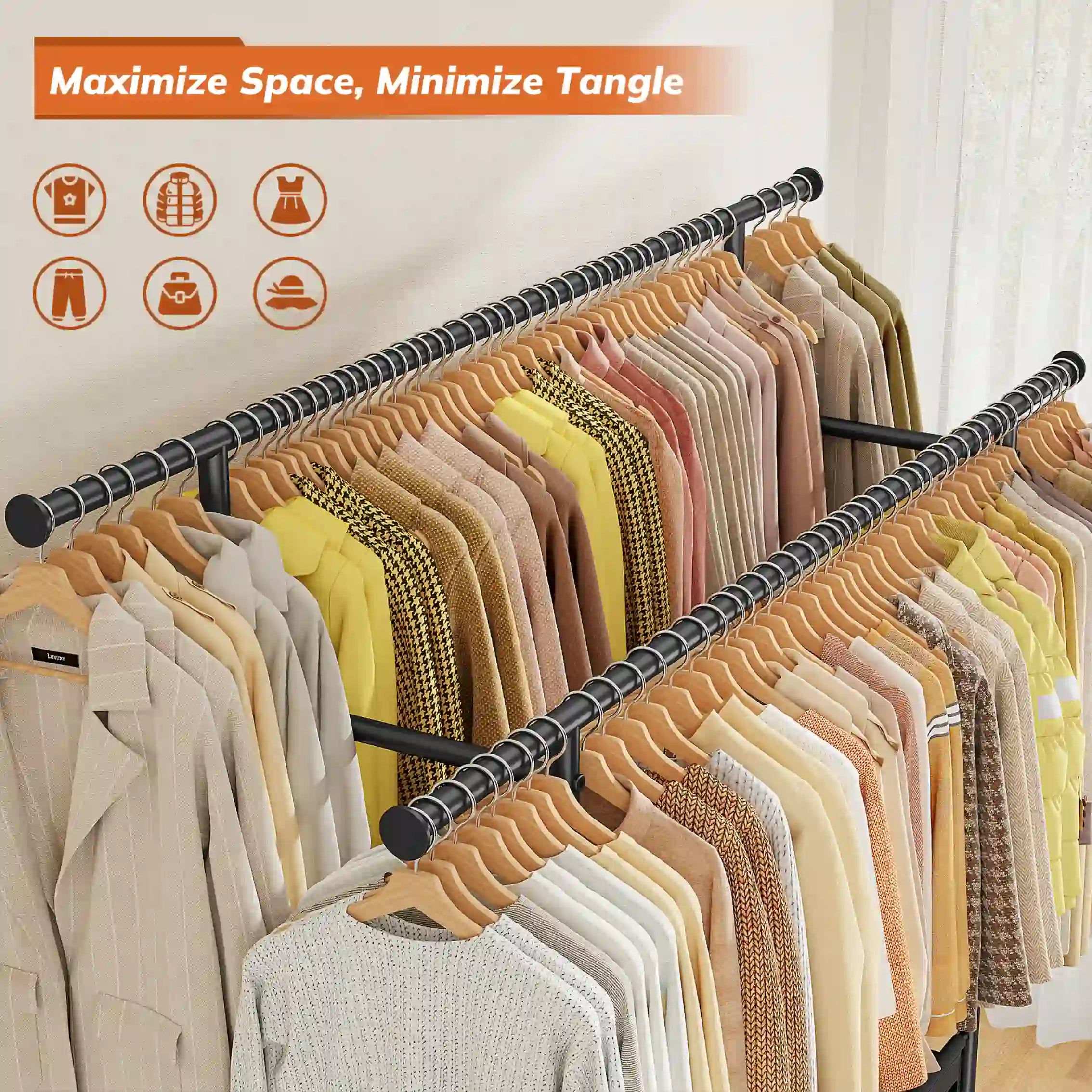 Double Line Cloth Rack Snhomee Double Rod Clothing Rack with Storage Bag & Sturdy Wheels, rol ...