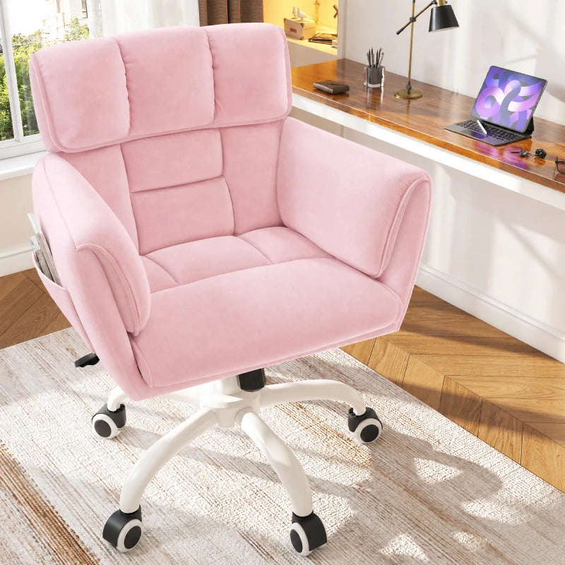 Snhomee Modern Adjustable Office Chair with Wheels, Comfortable Desk Chair with Side Pocket, Skin-Friendly Upholstered Computer Chair for Home Office, Dorm Room Essentials