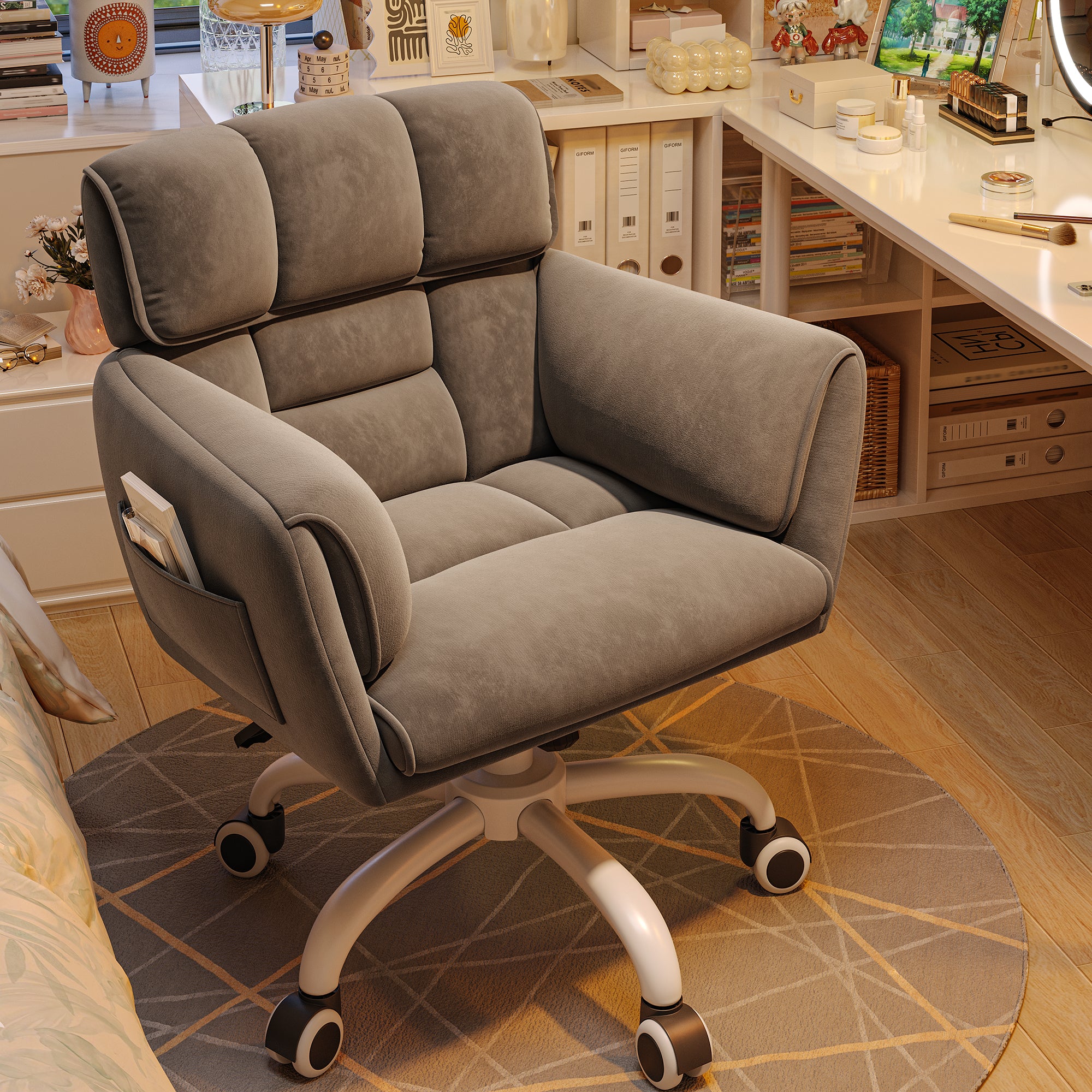 Modern Adjustable Vanity Chair with Wheels | Skin-Friendly Upholstery & Side Pockets | Bedroom Makeup Seat | Home Office Chair-Beige-snhomee