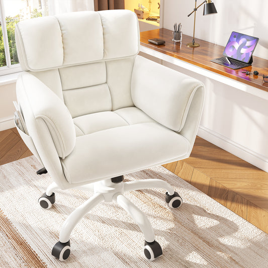Modern Adjustable Vanity Chair with Wheels | Skin-Friendly Upholstery & Side Pockets | Bedroom Makeup Seat | Home Office Chair-Beige-snhomee 2000