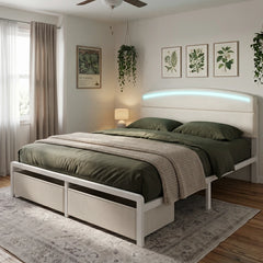 Snhomee Modern Upholstered Bed Frame with Curved LED Headboard, Spacious Storage Drawers & Charging Station for Bedroom