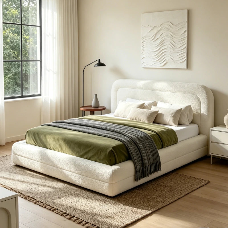 The white upholstered bed frame adds a clean, elegant look while creating a cozy focal point for bedrooms and apartments.