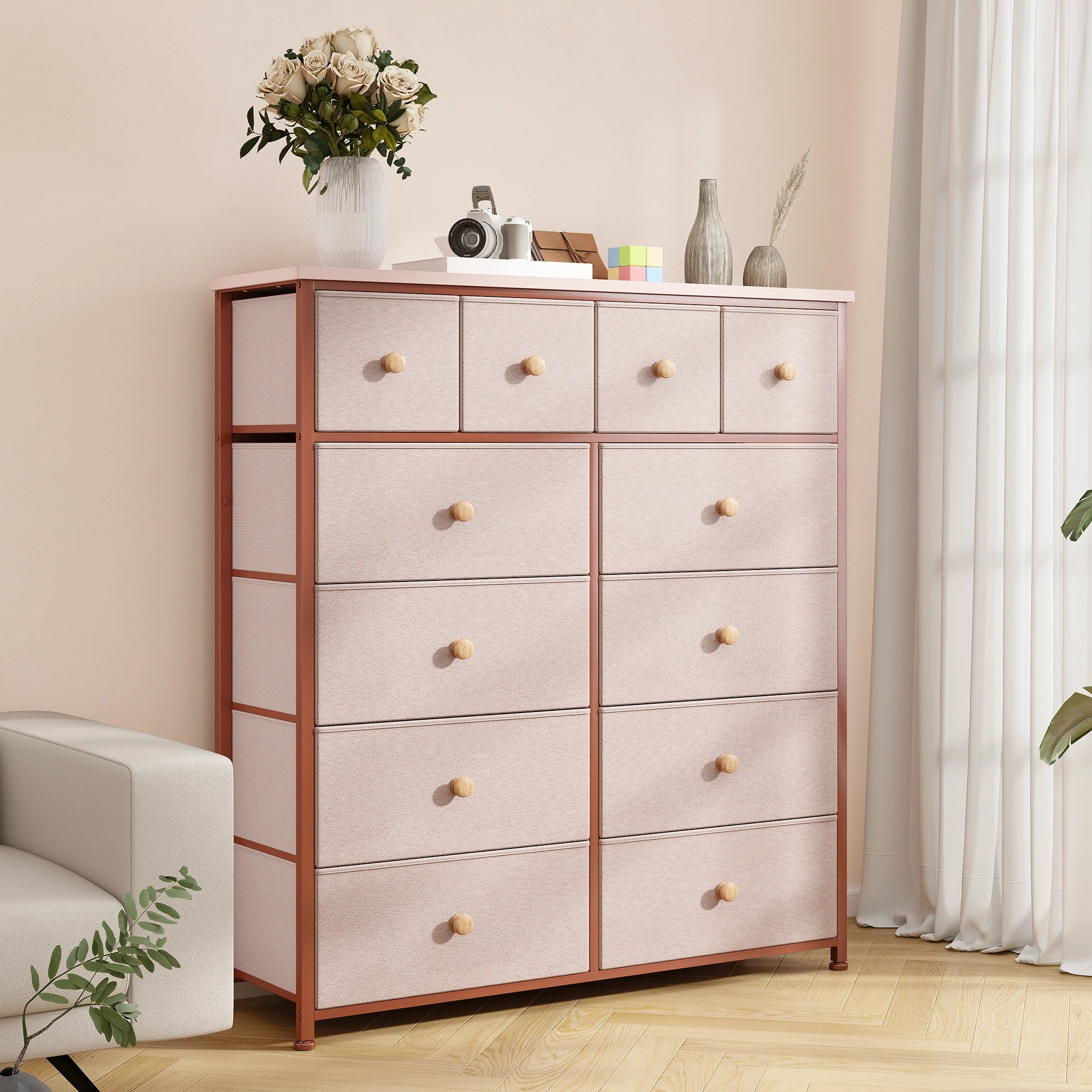 Snhomee 12-Drawer Tall Dresser for Bedroom  - Fabric & Metal Storage Organizer with Wood Top, Anti-Tip Design, Space-Saving, Closet, Entryway, Dorm Furniture, Back to school