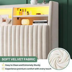 Snhomee Velvet Upholstered Bed Frame with Multi-Tier Storage Headboard, LED Lights & Charging Station,  Noise-Free Heavy-Duty Support, No Box Spring Needed