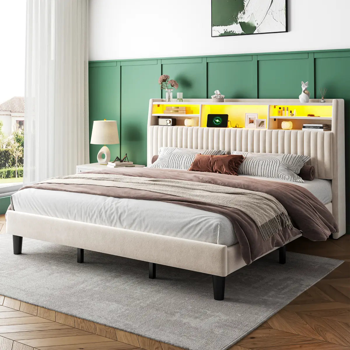 Snhomee Velvet Upholstered Bed Frame with Multi-Tier Storage Headboard, LED Lights & Charging Station,  Noise-Free Heavy-Duty Support, No Box Spring Needed