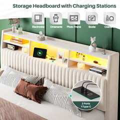 Snhomee Velvet Upholstered Bed Frame with Multi-Tier Storage Headboard, LED Lights & Charging Station,  Noise-Free Heavy-Duty Support, No Box Spring Needed