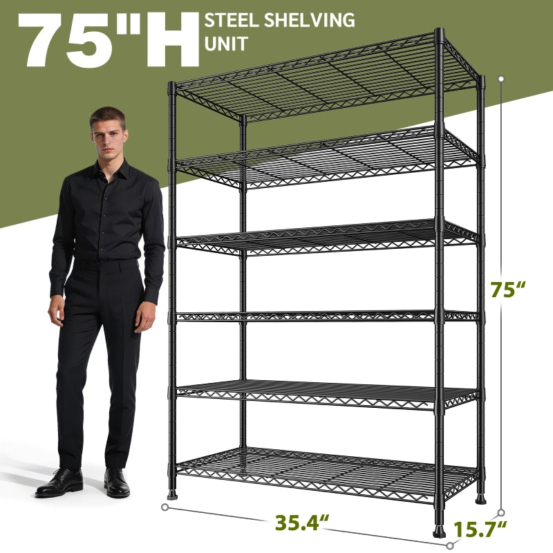 Snhomee 6 Tier Adjustable Metal Wire Storage Shelving Unit, 35.4"W x 75"H x 15.7"D, 1200 LBS Heavy Duty Garage Pantry Storage Rack for Kitchen & Commercial Use