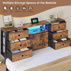 Snhomee Bed Frame with 8 Storage Drawers and Charging Station, Metal Platform Bed Frame with LED Lights and Headboard Storage, No Noise, Easy Assembly