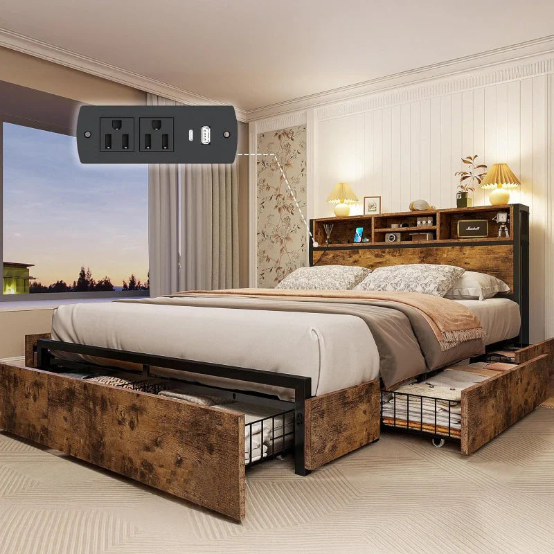 Metal Bed Frame with 6 Storage Drawers Headboards with Charging Station, Full/Queen-Bed Frame-Full Size-snhomee