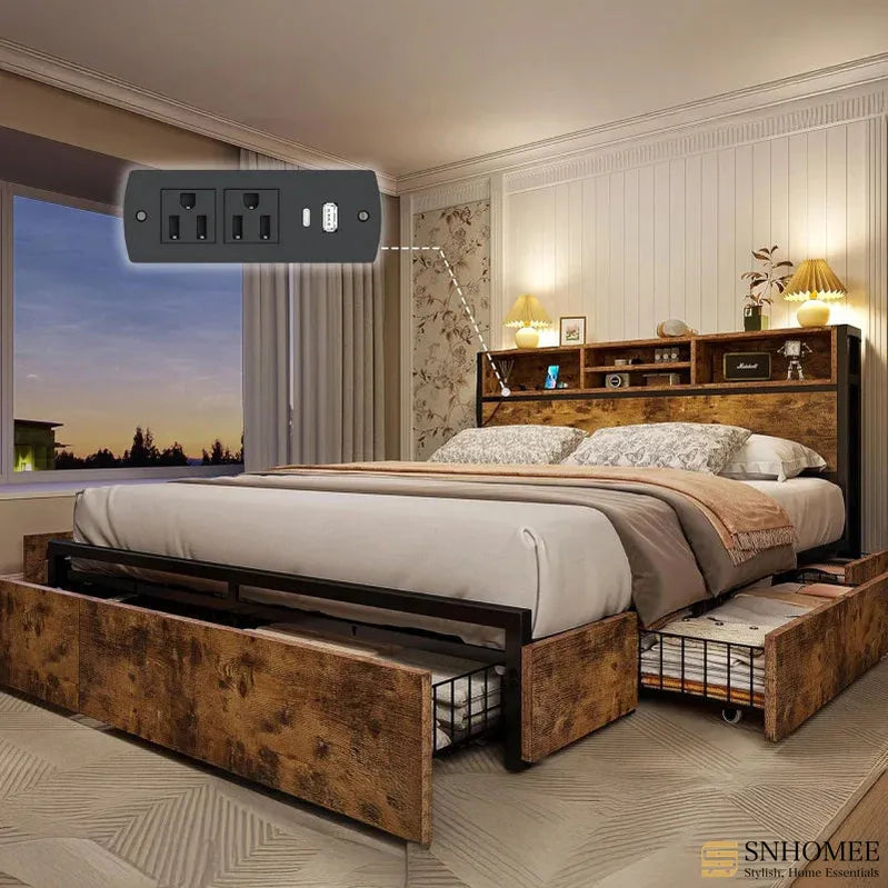 Metal Bed Frame with 6 Storage Drawers Headboards with Charging Station, Full/Queen-Bed Frame-Queen Size-snhomee