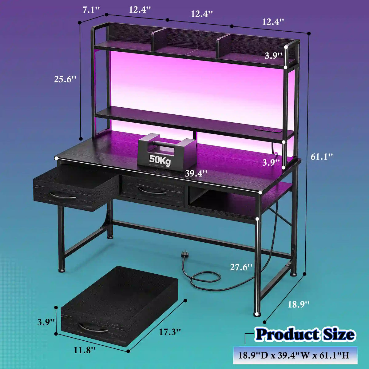 Snhomee Office Computer Desk with Hutch, LED & Charging Station, Computer Desk with Monitor Stand for Bedroom, Gaming & Home Office