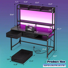 Snhomee Office Computer Desk with Hutch, LED & Charging Station, Computer Desk with Monitor Stand for Bedroom, Gaming & Home Office