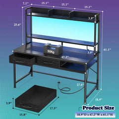 Snhomee Office Computer Desk with Hutch, LED & Charging Station, Computer Desk with Monitor Stand for Bedroom, Gaming & Home Office