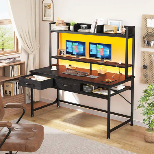 Snhomee Office Computer Desk with Hutch, LED & Charging Station, Computer Desk with Monitor Stand for Bedroom, Gaming & Home Office 2000