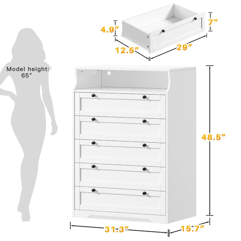 48"H 5-Drawer Wood Dresser and Chest with LED Lights for Bedroom-Clothing & Closet Storage-31.3"L x 15.7"W x 48.5"H-Black-snhomee