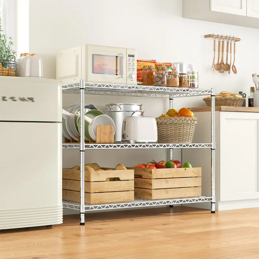 Snhomee 3- Shelf Metal Shelving Unit,Adjustable Steel Wire Shelving Units,Heavy Duty Garage Steel Shelving for Kitchen Pantry,Chrome 800