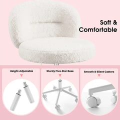 Snhomee White Leisure Office Chair with Independent Contoured Backrest, Soft Thick Lamb Velvet Fabric, Adjustable Height with Wheels and Lumbar Support, for Bedroom Home Office