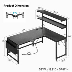 Snhomee L-Shaped Computer Desk with 2-Tier Storage Shelf, Built-in LED Lights & Power Outlets, Reversible Gaming Desk for Bedroom or Home Office, Easy Assembly