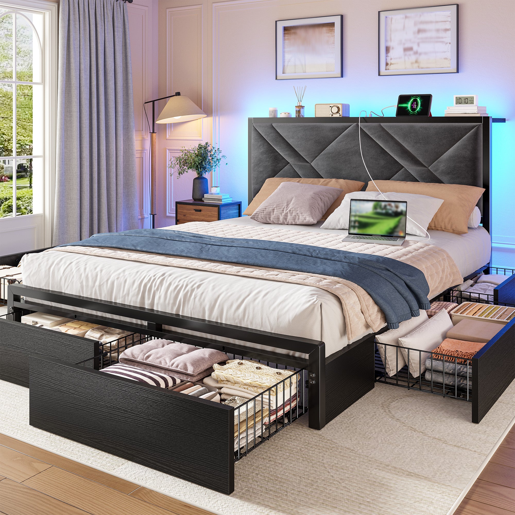 Bed Frame with Bed Frame with  and 6 Storage Drawers, Bed Frame with Upholstered Headboard Built in Charging Station,Noise-Free,Easy Assembly