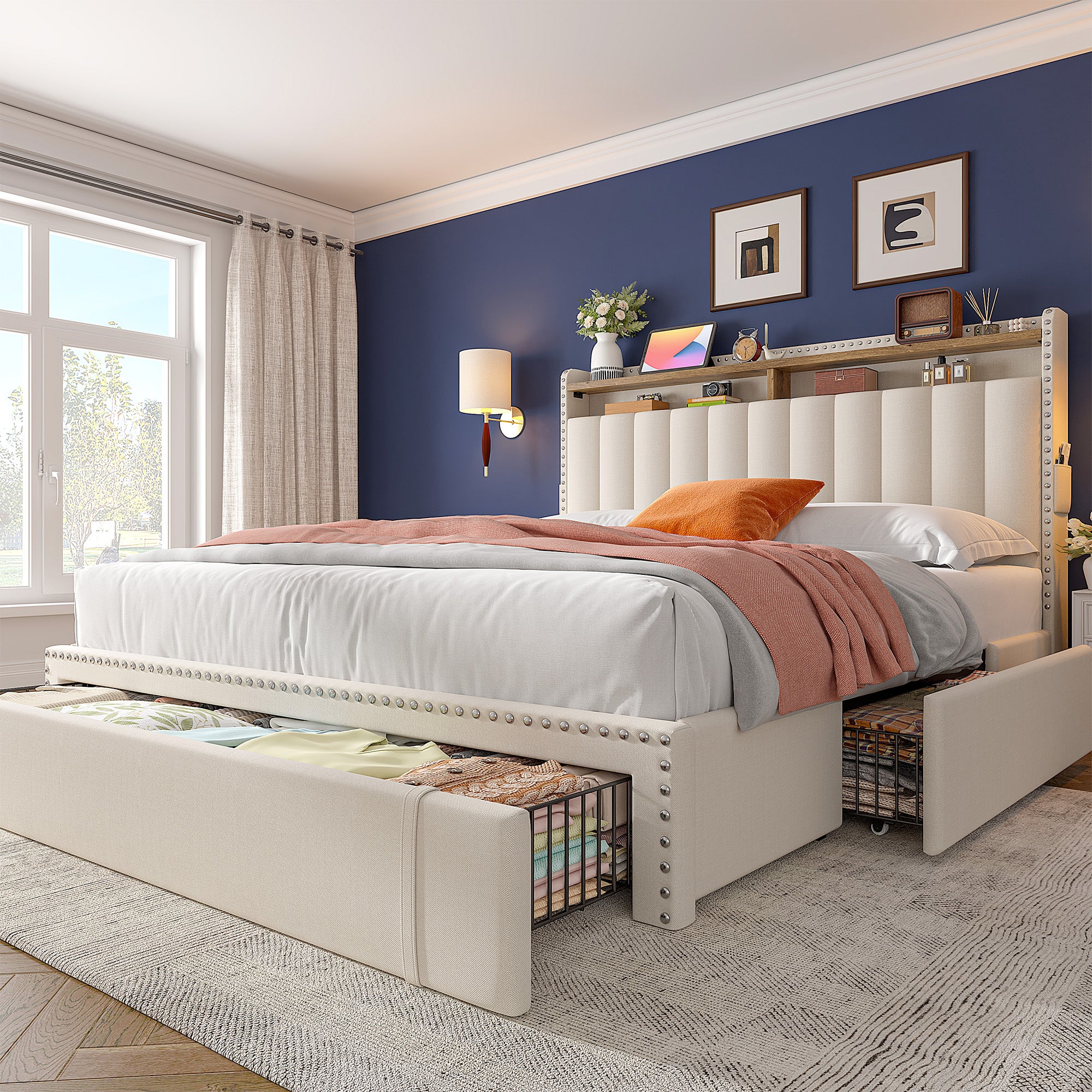 Snhomee Heavy Duty Platform Bed Frame with Storage Drawers - Silent 1200LB Capacity, No Box Spring Needed, Upholstered Headboard