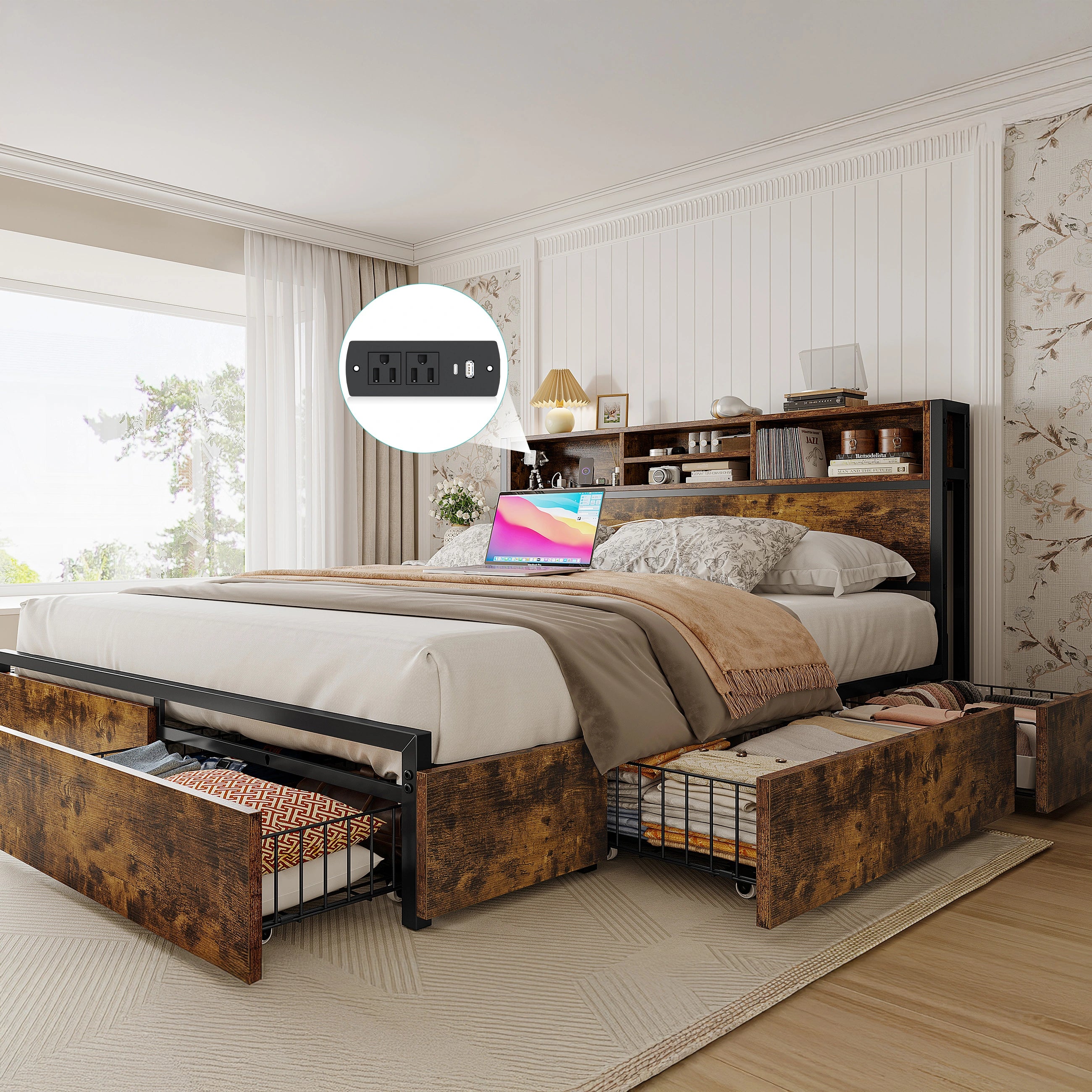 Wooden bed with storage drawers in a bedroom setting