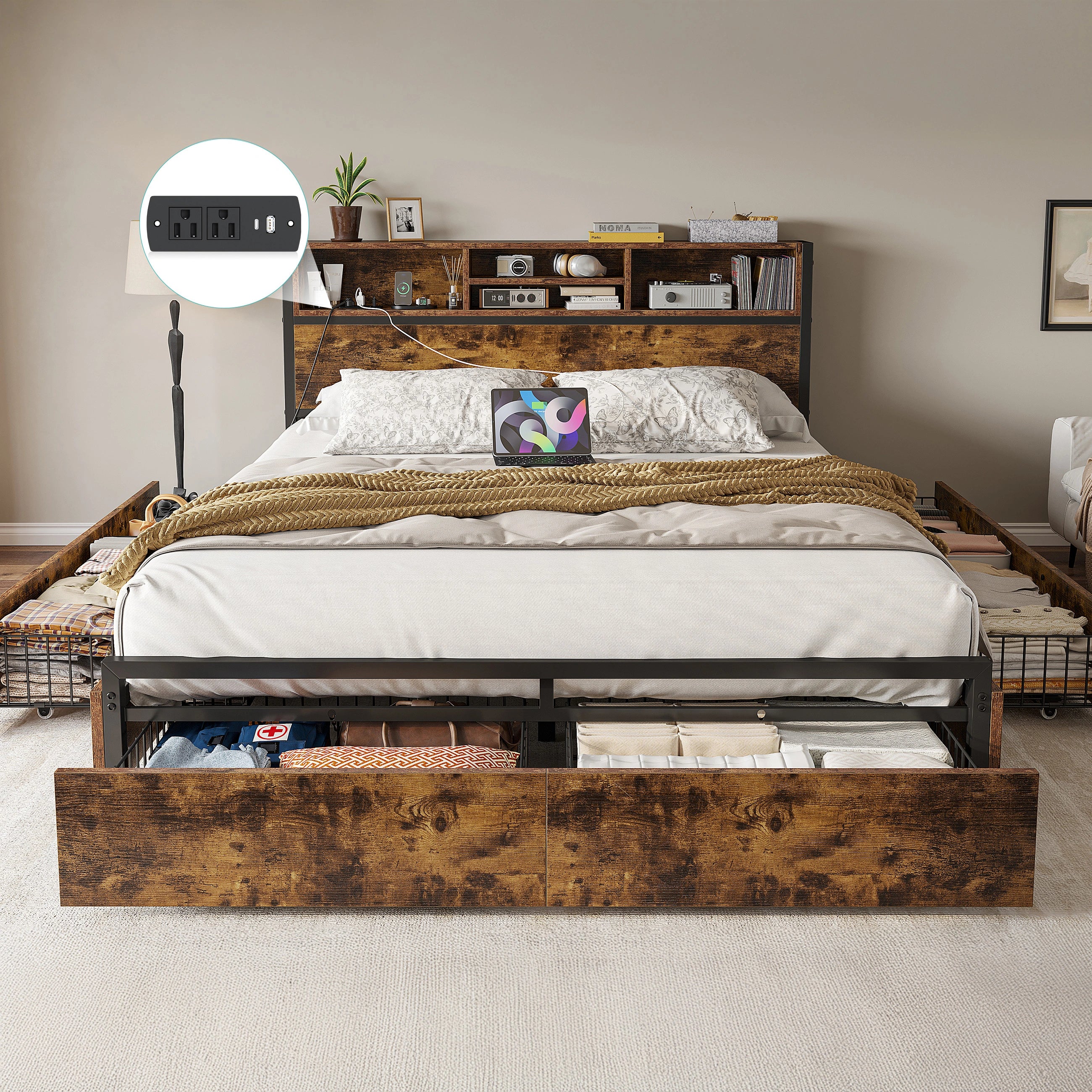 Snhomee Metal Bed Frame with 6 Storage Drawers & Charging Station - No Noise, No Box Spring Frames, 1100LBS Capacity, Storage Headboard, Vintage Brown