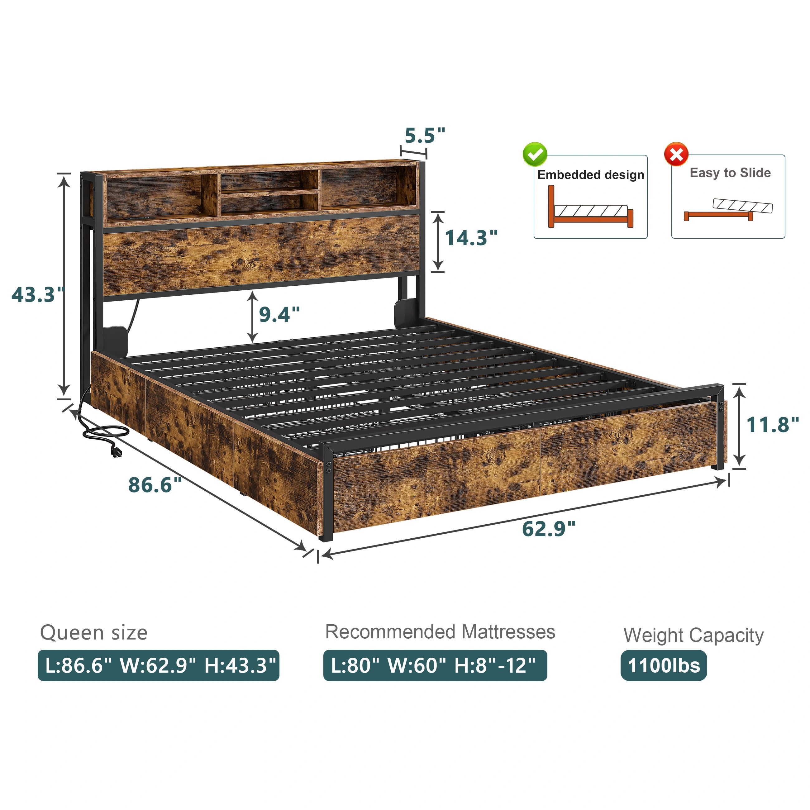 Snhomee Metal Bed Frame with 6 Storage Drawers & Charging Station - No Noise, No Box Spring Frames, 1100LBS Capacity, Storage Headboard, Vintage Brown