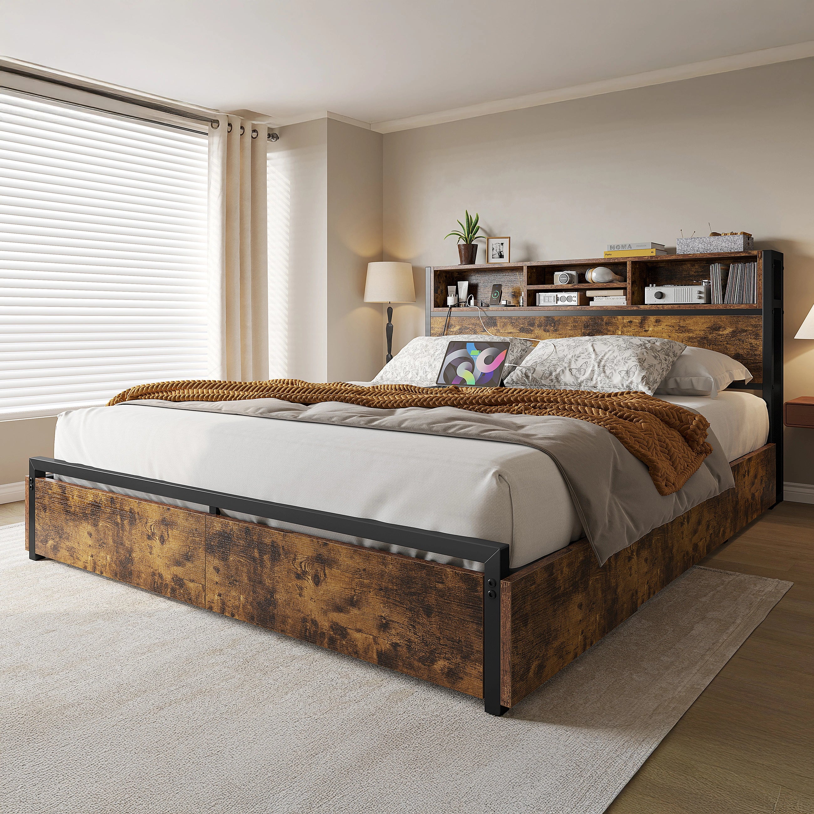 Snhomee Metal Bed Frame with 6 Storage Drawers & Charging Station - No Noise, No Box Spring Frames, 1100LBS Capacity, Storage Headboard, Vintage Brown