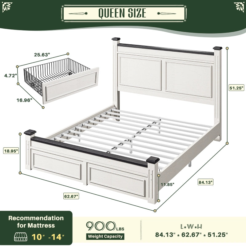 Snhomee Bed Frame with 51.25" H Headboard and Storage Drawers, Modern Bed Frame with Storage ,NO Noise, No Box Spring Needed, White